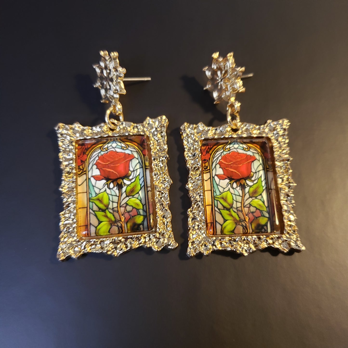 Gold Frame Mosaic Rose Earrings