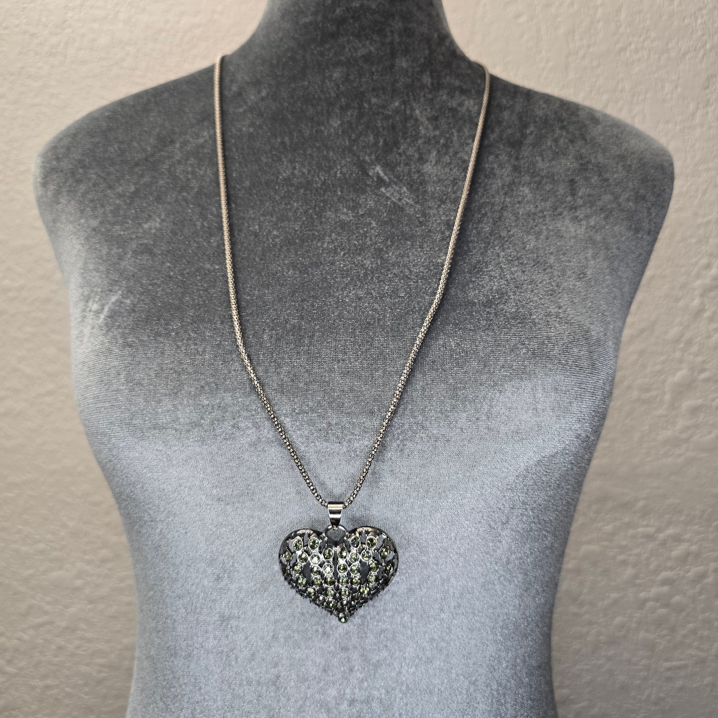 Black, Rhinestone Heart Pendant Long Necklace
