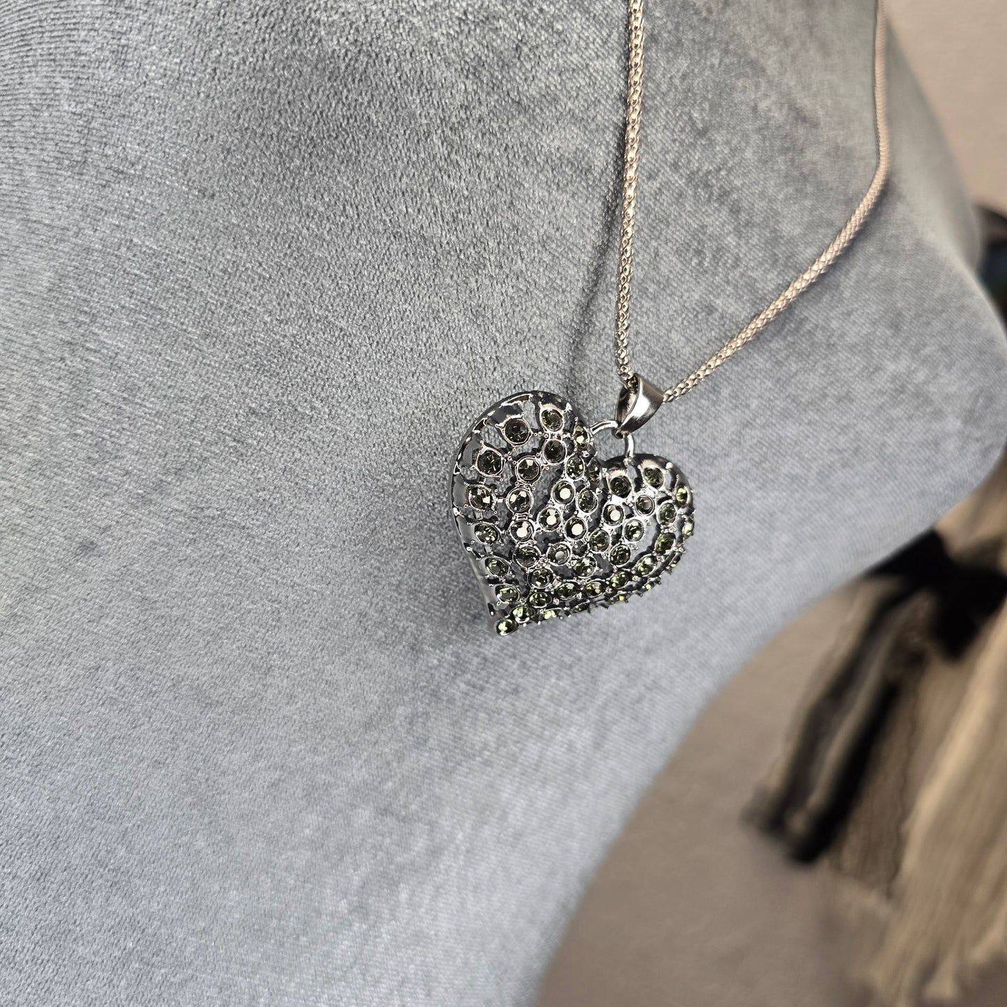 Black, Rhinestone Heart Pendant Long Necklace