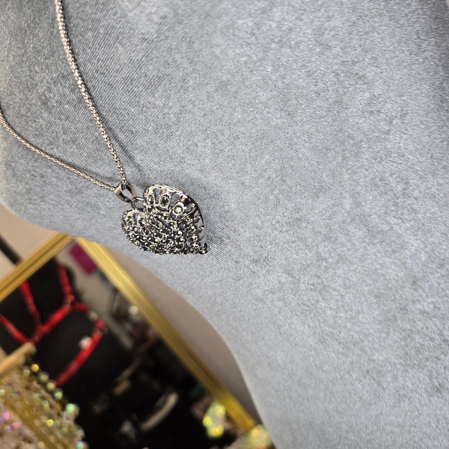 Black, Rhinestone Heart Pendant Long Necklace