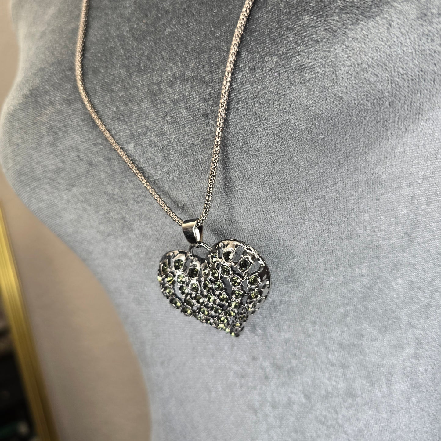 Black, Rhinestone Heart Pendant Long Necklace