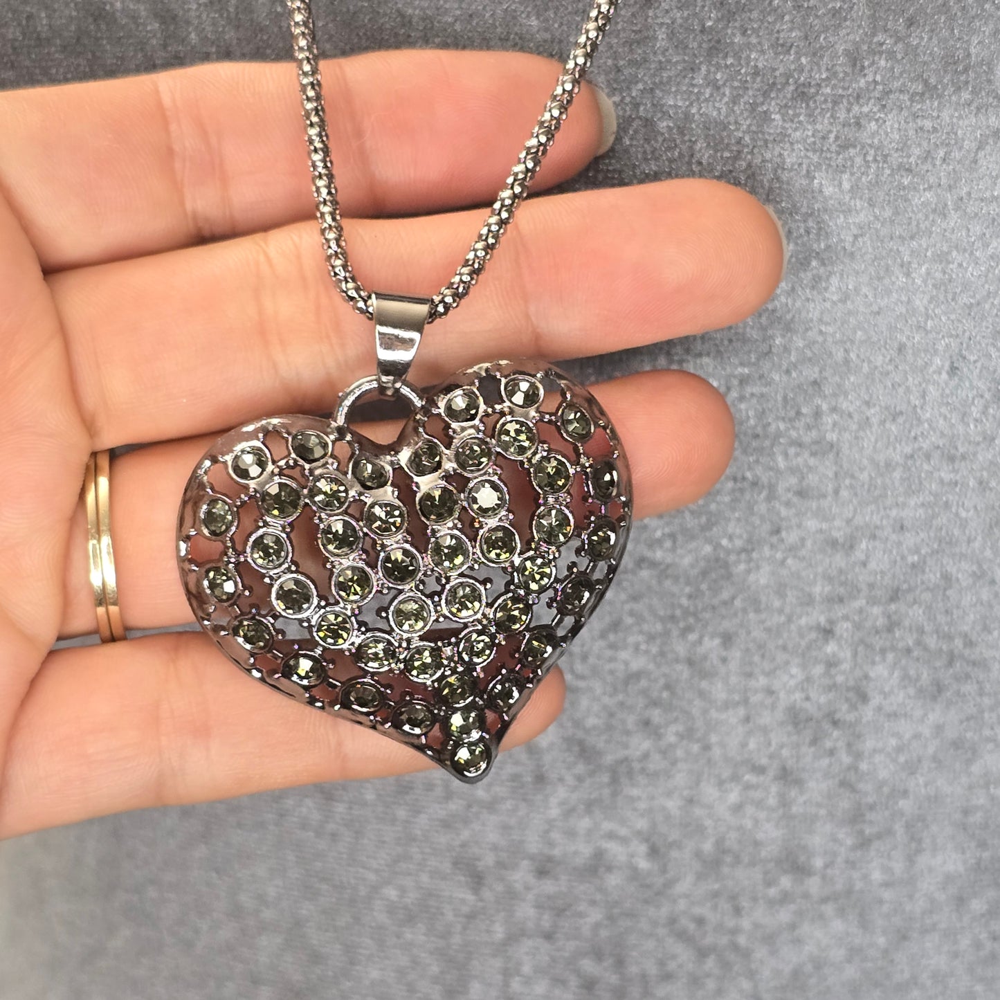 Black, Rhinestone Heart Pendant Long Necklace