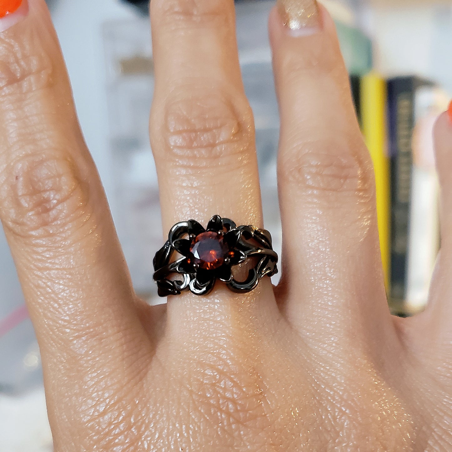 Crimson Flower Gun Metal Ring