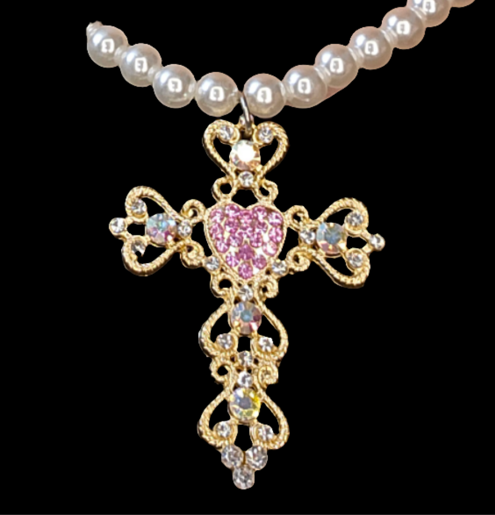Like a Prayer White Bead Pink Cross Necklace