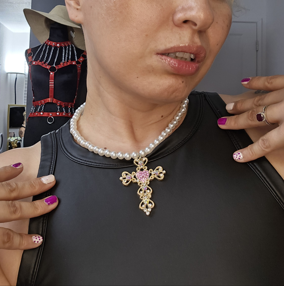 Like a Prayer White Bead Pink Cross Necklace