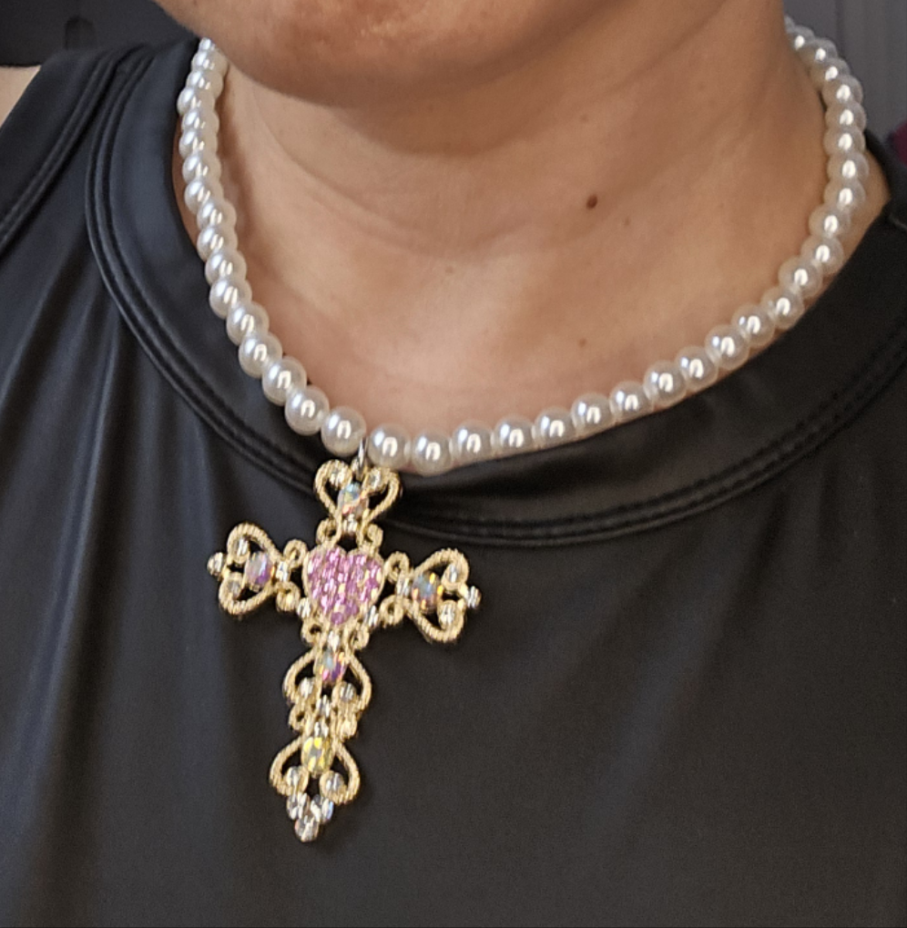 Like a Prayer White Bead Pink Cross Necklace
