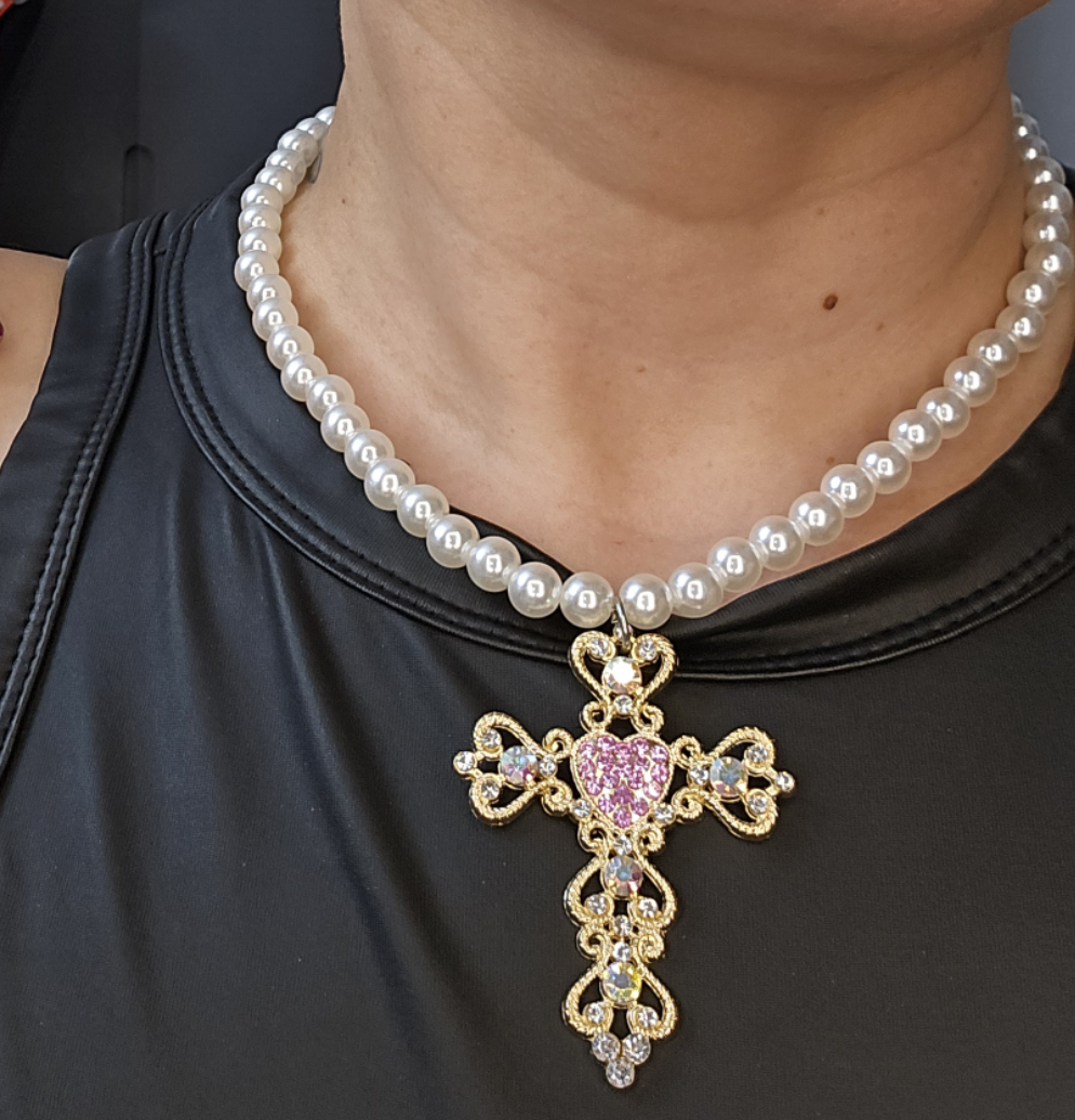 Like a Prayer White Bead Pink Cross Necklace