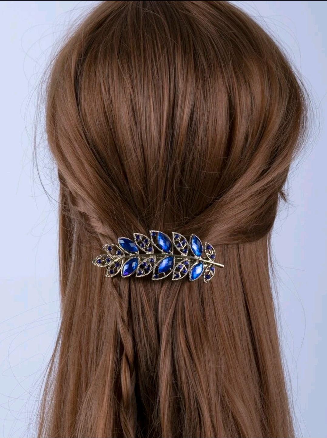 Blue Rhinestone Leaf Design Hair Clip