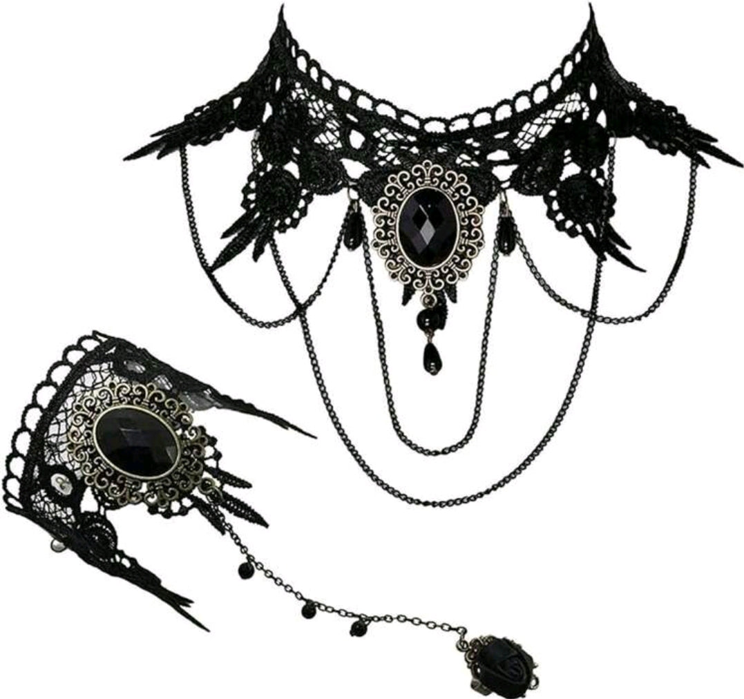 Black Lace Choker Set with Lace Slave Bracelet and Earrings