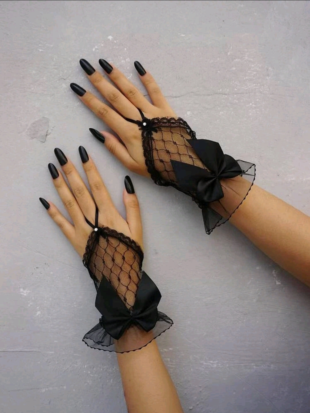 Black Lace Single Finger Gloves with Bow Accent