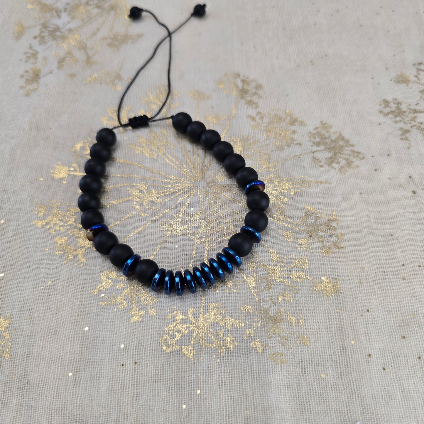 Black Ony and Blue Hermitite Bead Bracelet