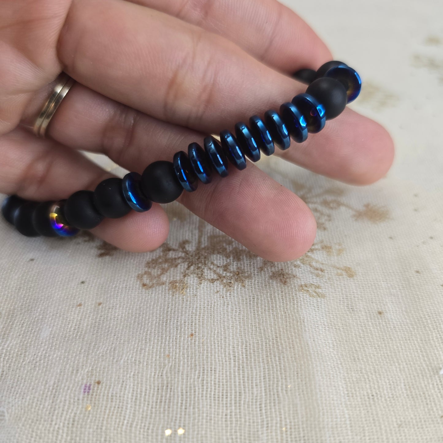 Black Ony and Blue Hermitite Bead Bracelet