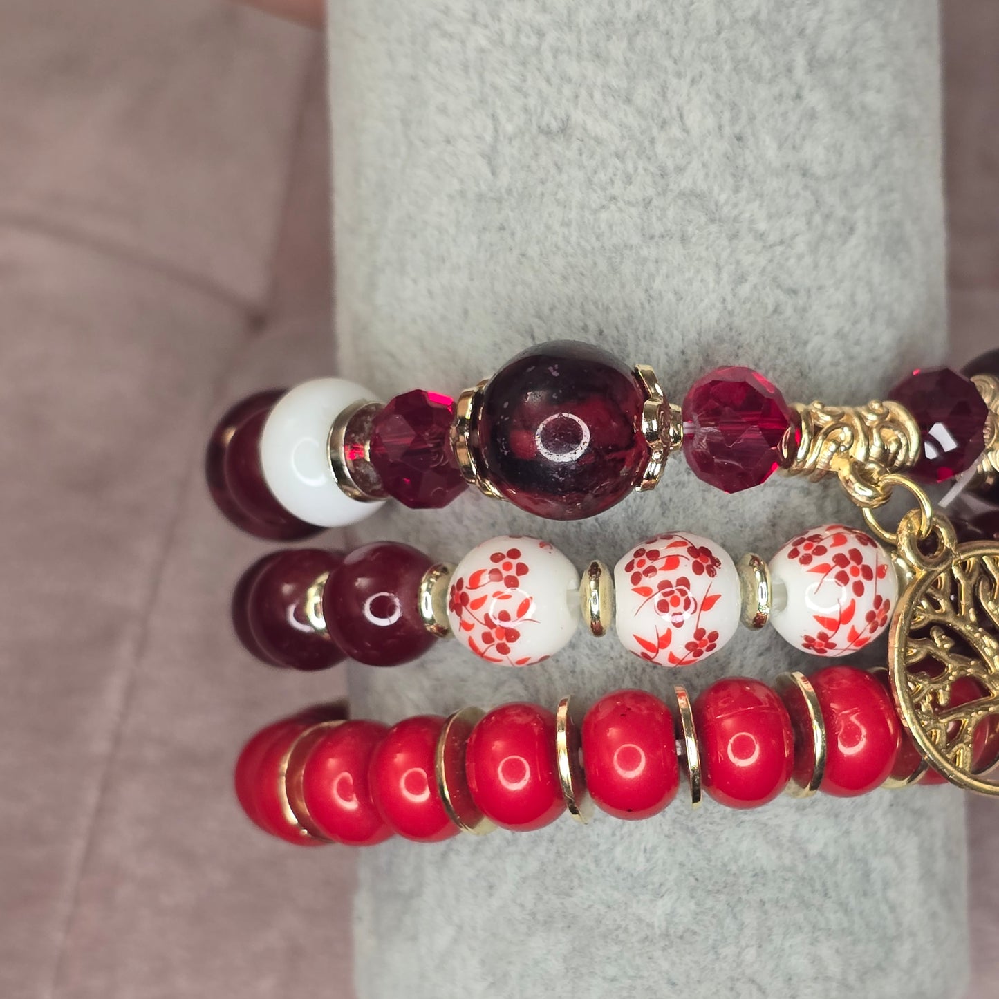 Tree of Life Crimson Bead Bracelet Set of 3