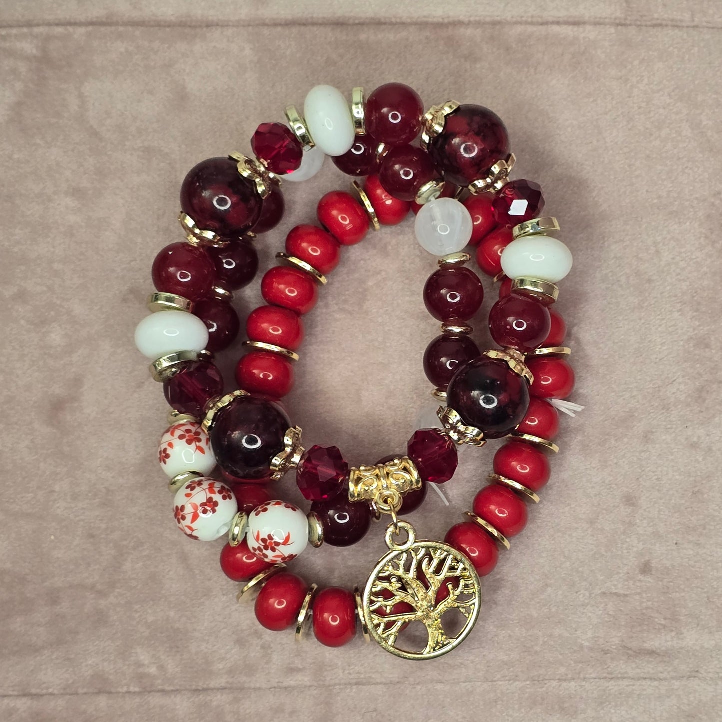 Tree of Life Crimson Bead Bracelet Set of 3