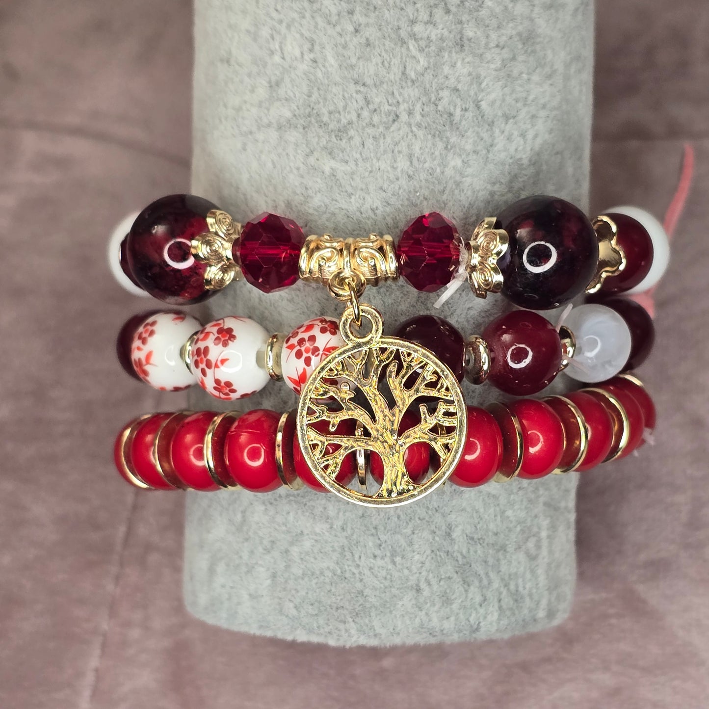 Tree of Life Crimson Bead Bracelet Set of 3