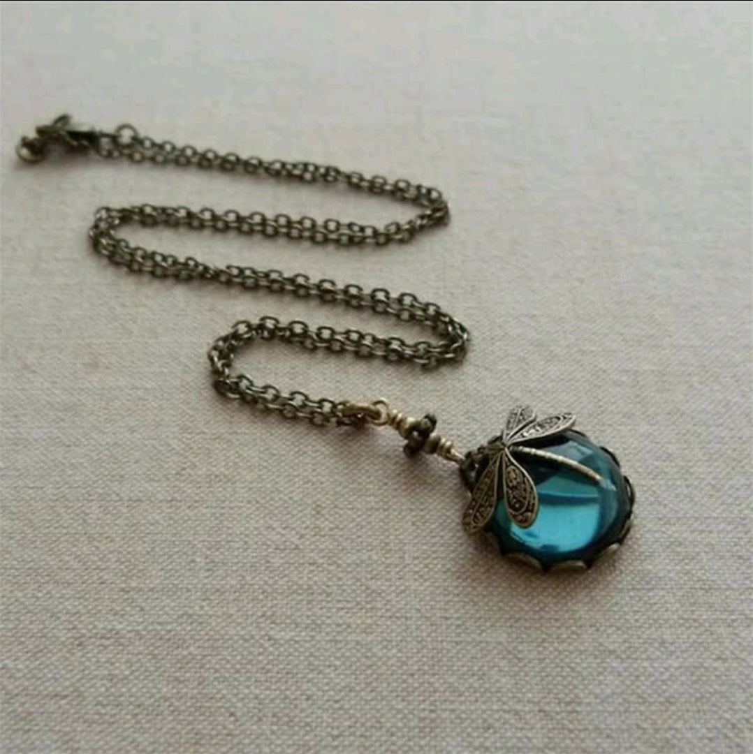 Dragonfly Teal Crystal Chain necklace