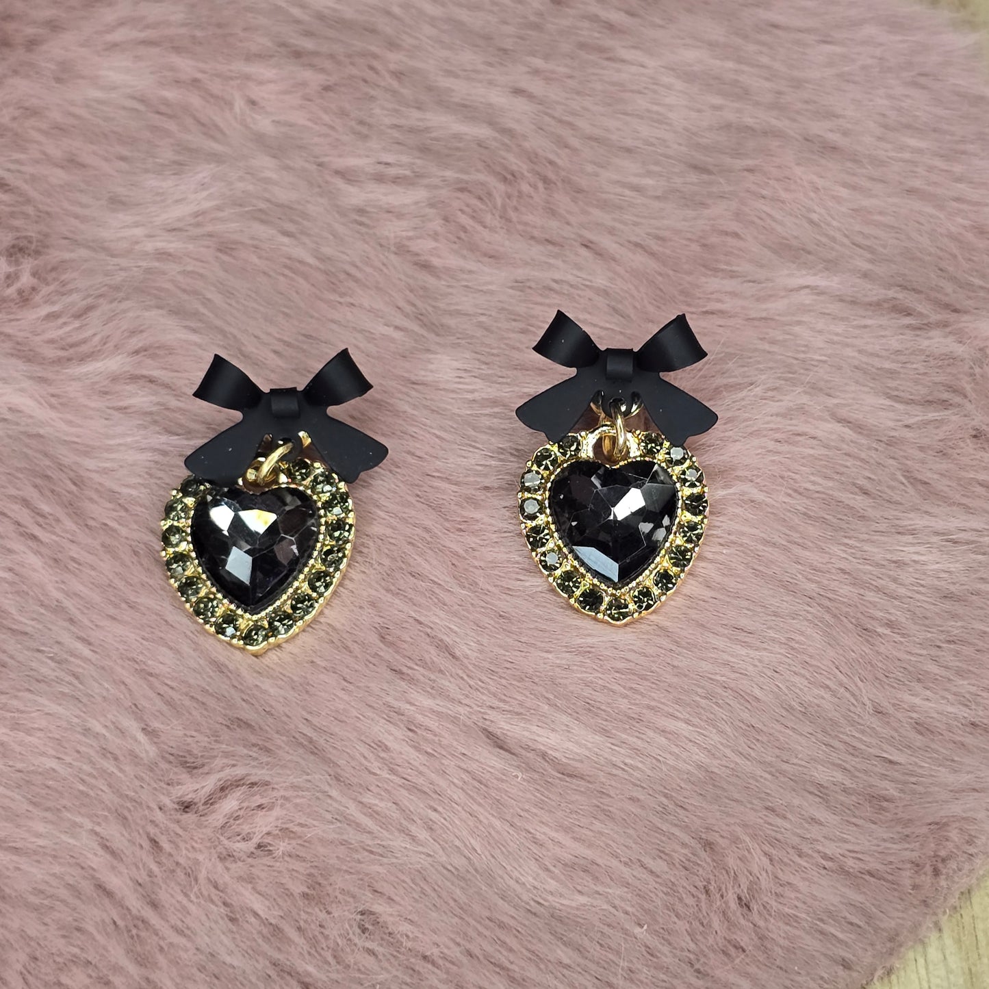 Black Clay Bow Earrings with Heart pendant