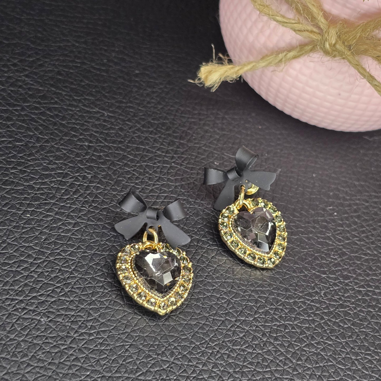 Black Clay Bow Earrings with Heart pendant
