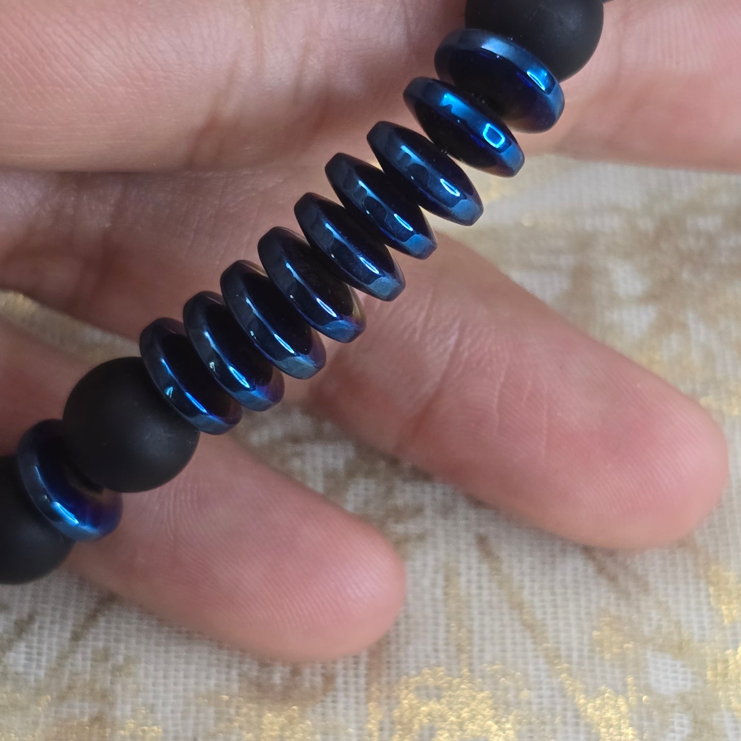 Black Ony and Blue Hermitite Bead Bracelet