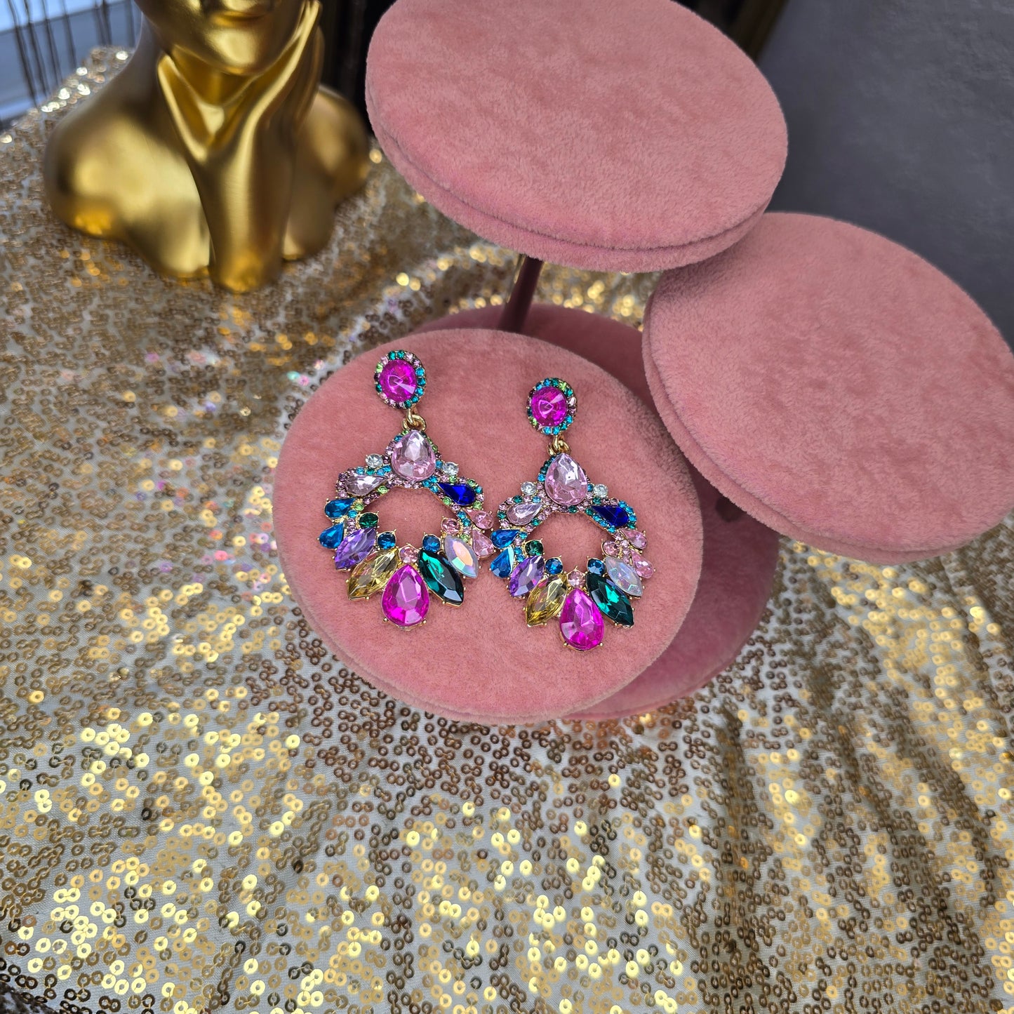 Pink Flashy Statement Drop Earrings