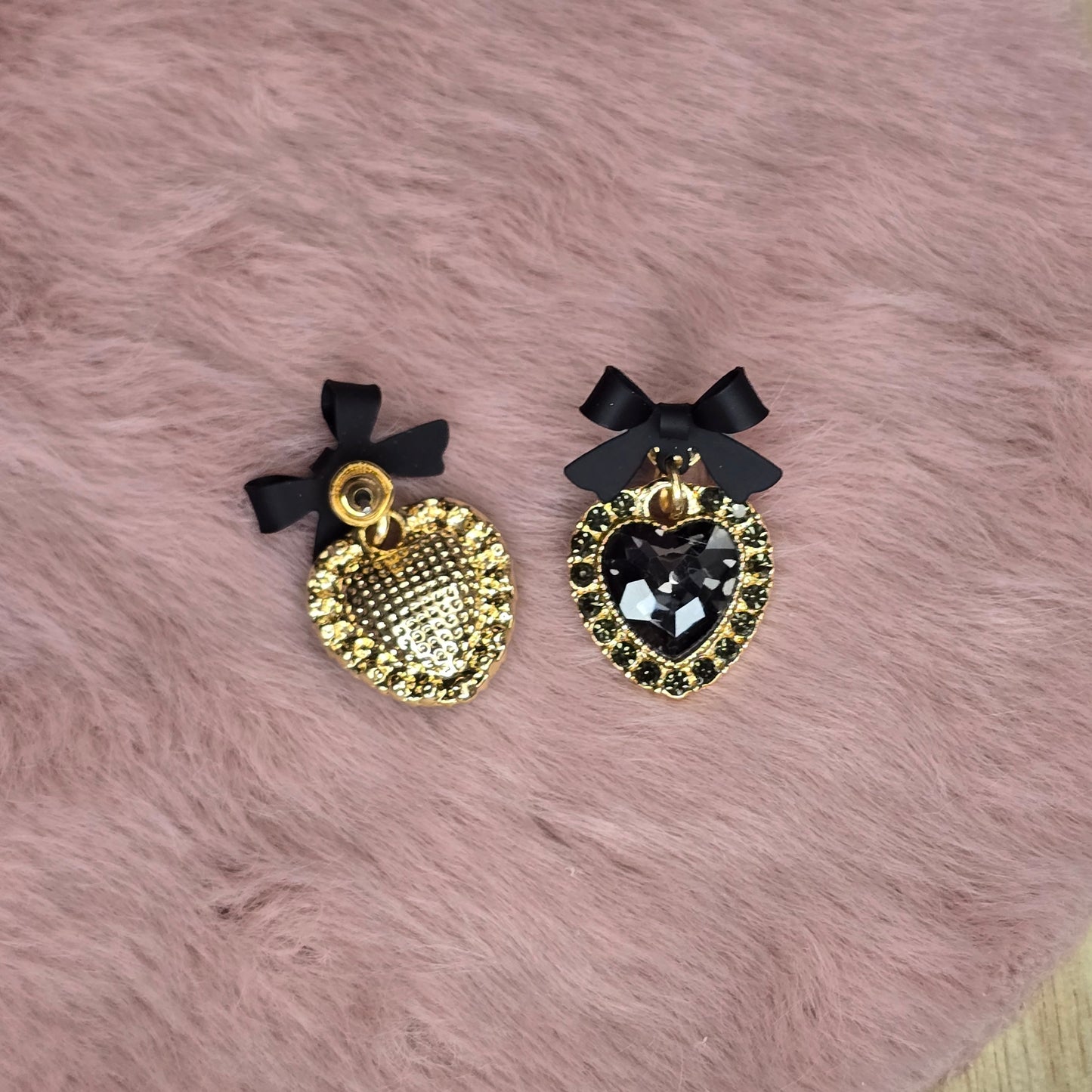 Black Clay Bow Earrings with Heart pendant