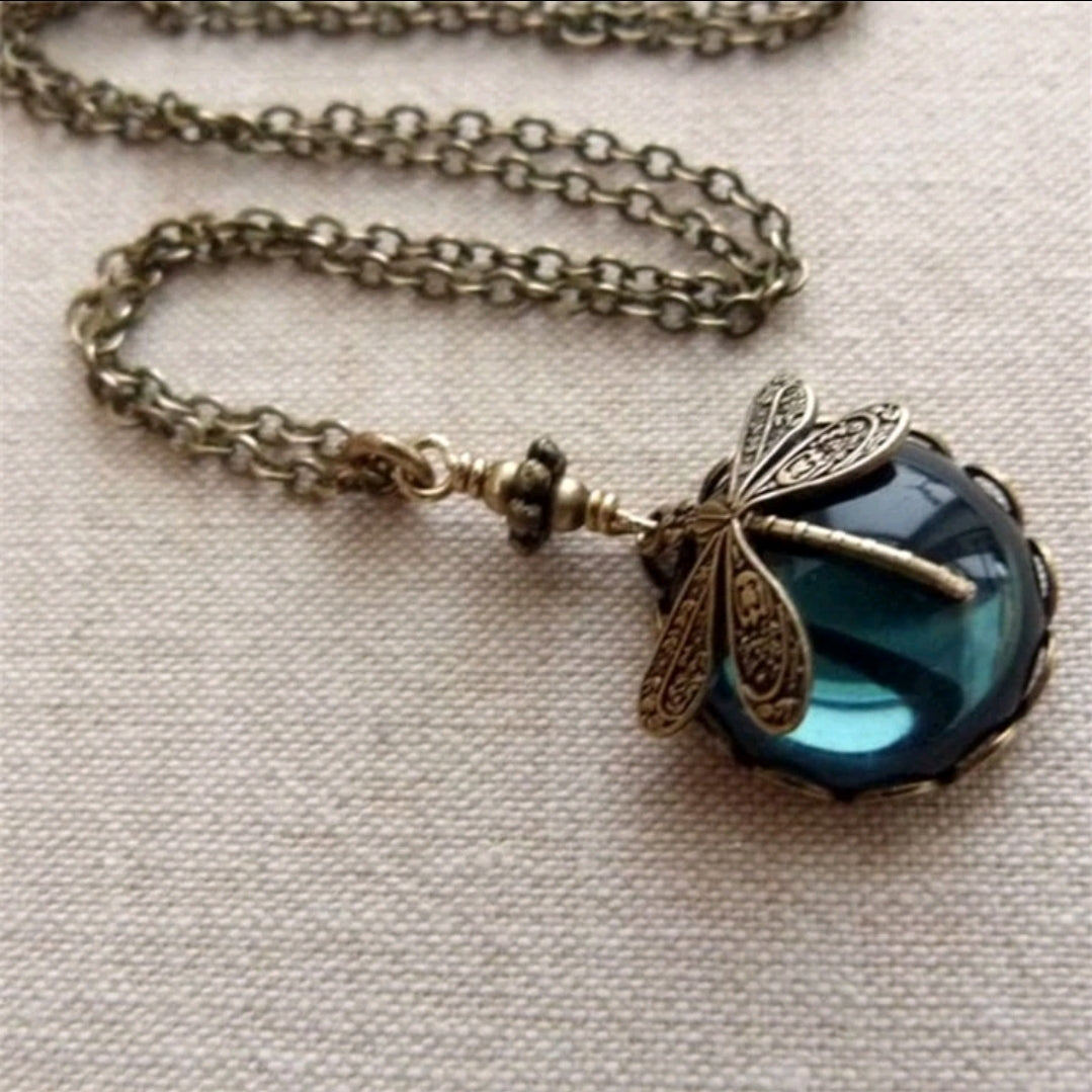 Dragonfly Teal Crystal Chain necklace
