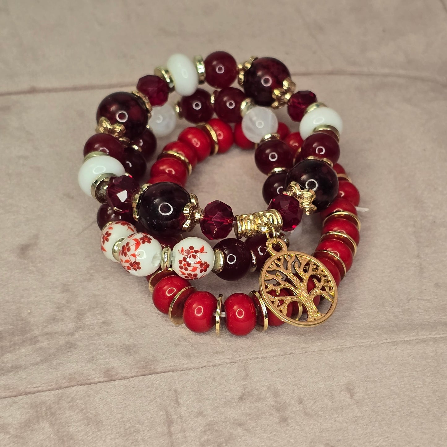 Tree of Life Crimson Bead Bracelet Set of 3