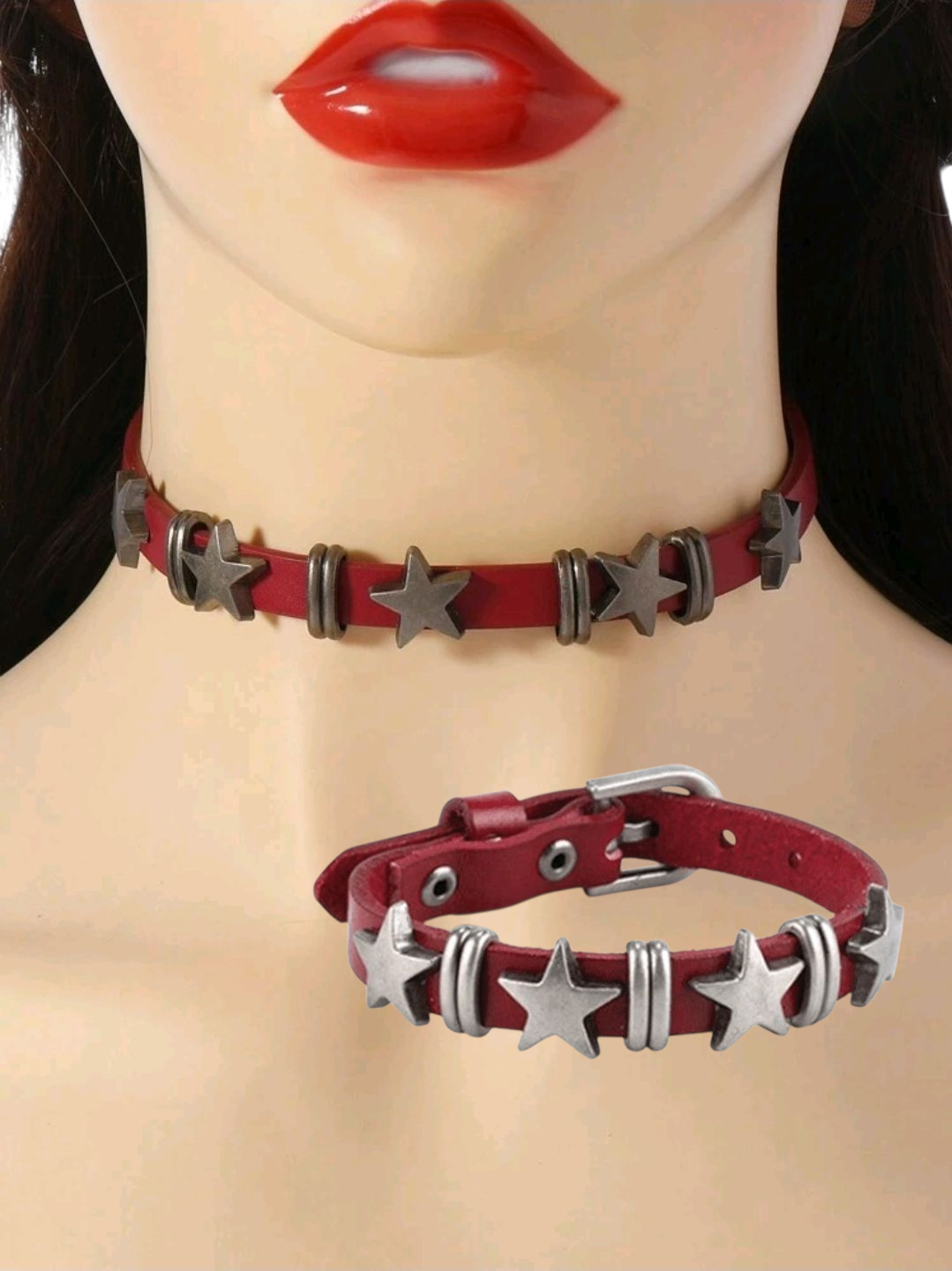 Buckle Star Red Choker and Bracelet Set