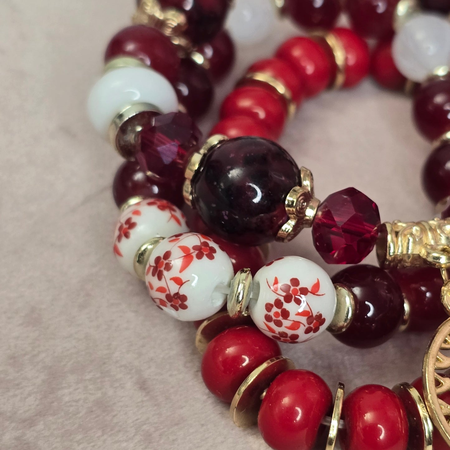 Tree of Life Crimson Bead Bracelet Set of 3