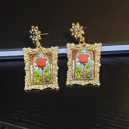 Gold Frame Mosaic Rose Earrings