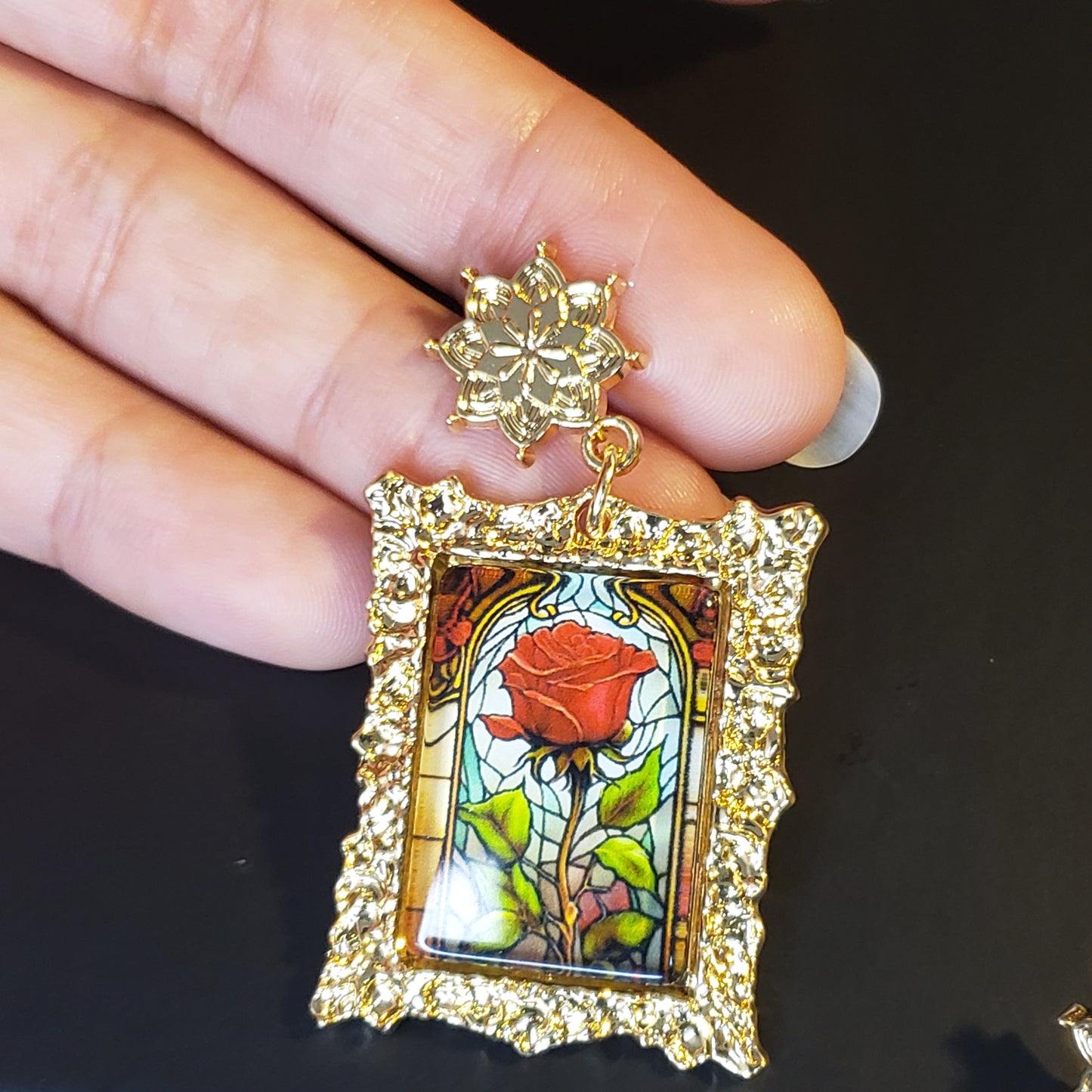 Gold Frame Mosaic Rose Earrings