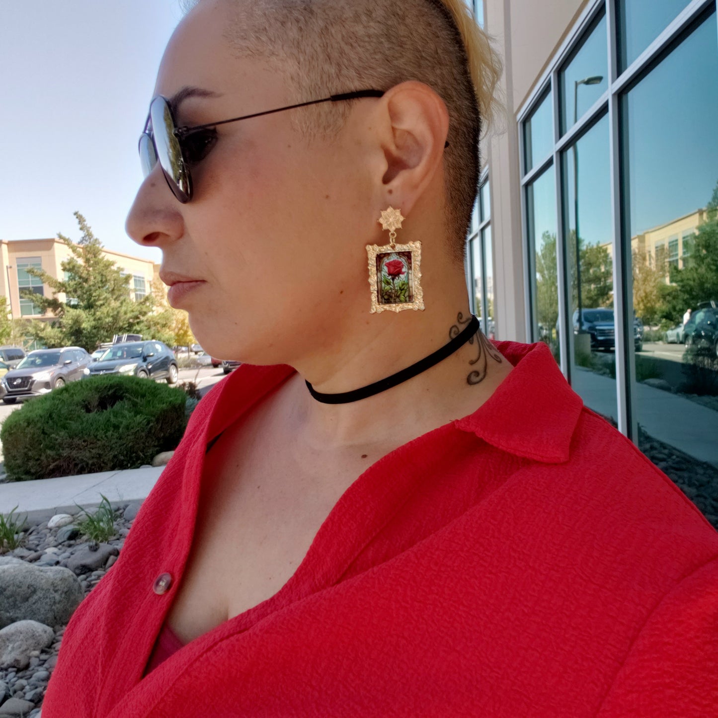 Gold Frame Mosaic Rose Earrings
