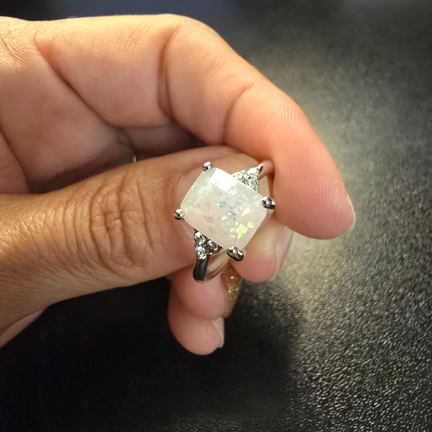 Iridescent White Crystal Ring Unisex