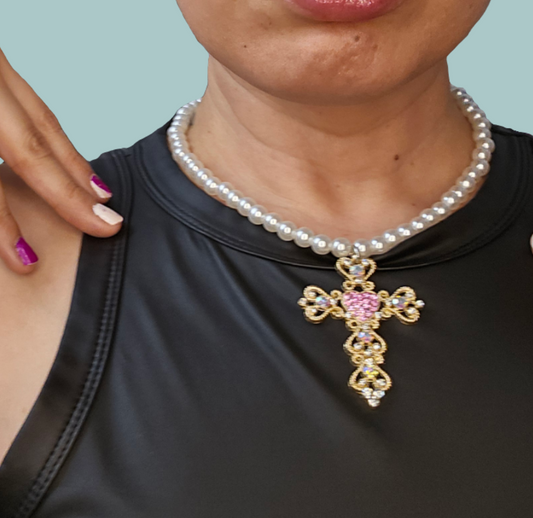 Like a Prayer White Bead Pink Cross Necklace