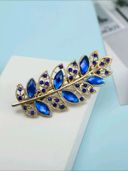 Blue Rhinestone Leaf Design Hair Clip