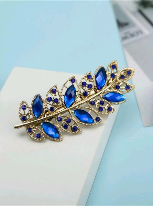 Blue Rhinestone Leaf Design Hair Clip