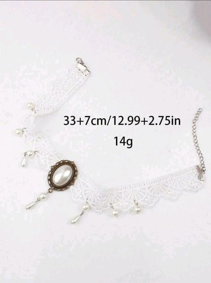 Vintage White Lace Crystal Choker with Pendant and Beads