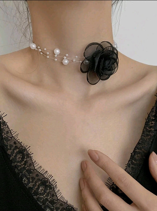 White Beads and Flower Choker