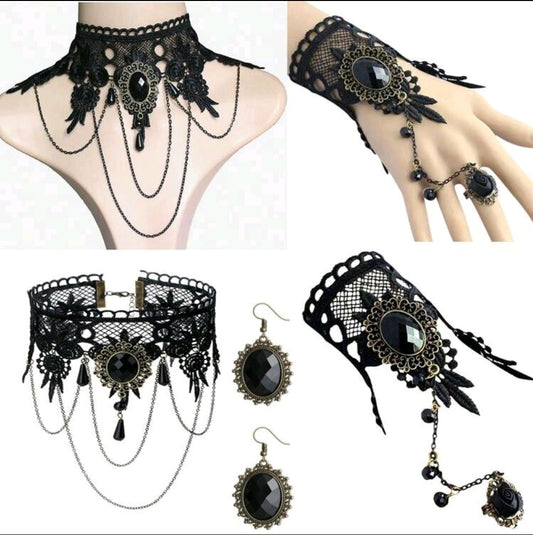 Black Lace Choker Set with Lace Slave Bracelet and Earrings