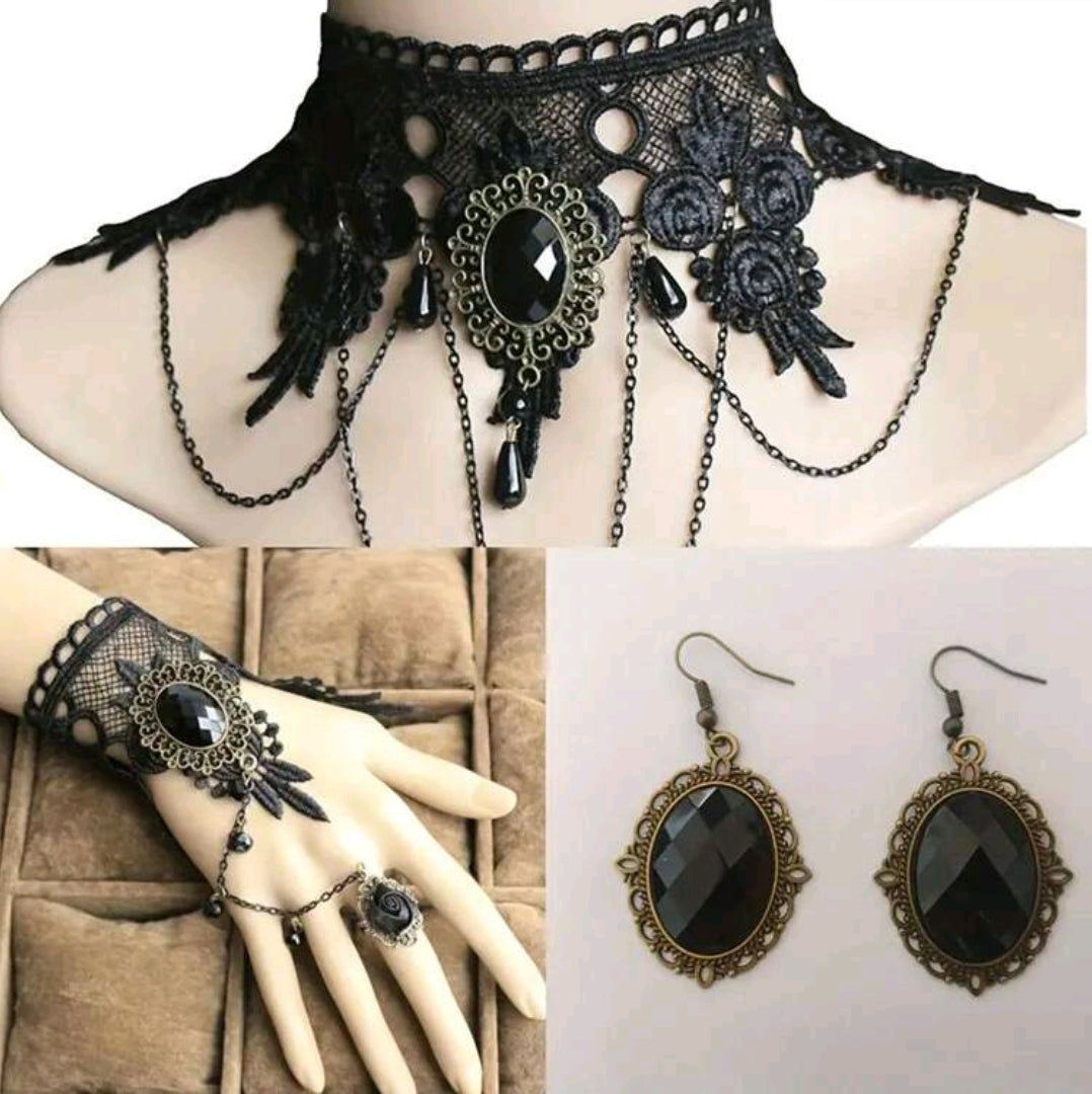 Black Lace Choker Set with Lace Slave Bracelet and Earrings