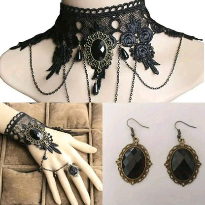 Black Lace Choker Set with Lace Slave Bracelet and Earrings