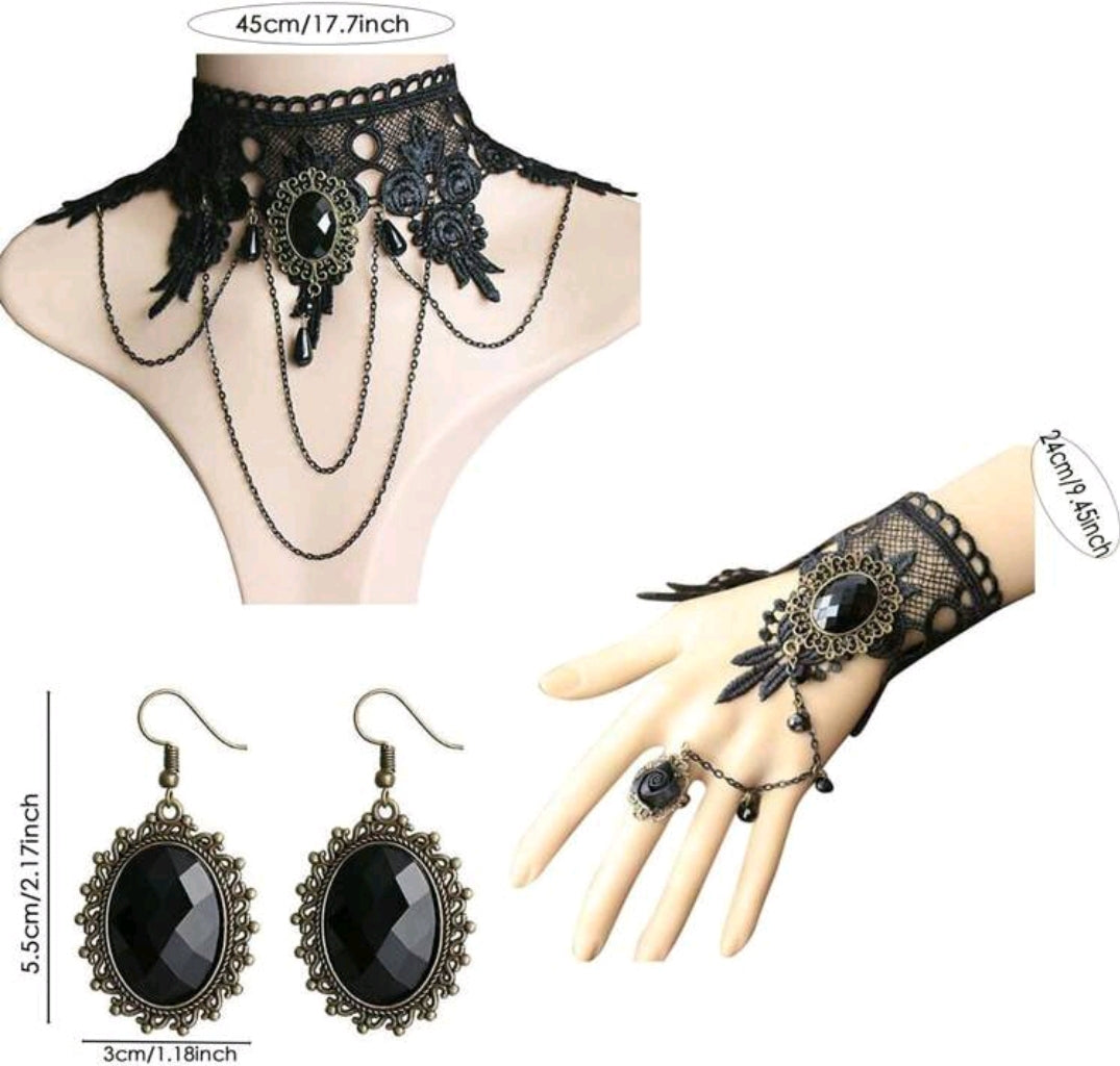 Black Lace Choker Set with Lace Slave Bracelet and Earrings
