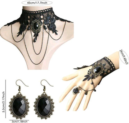 Black Lace Choker Set with Lace Slave Bracelet and Earrings