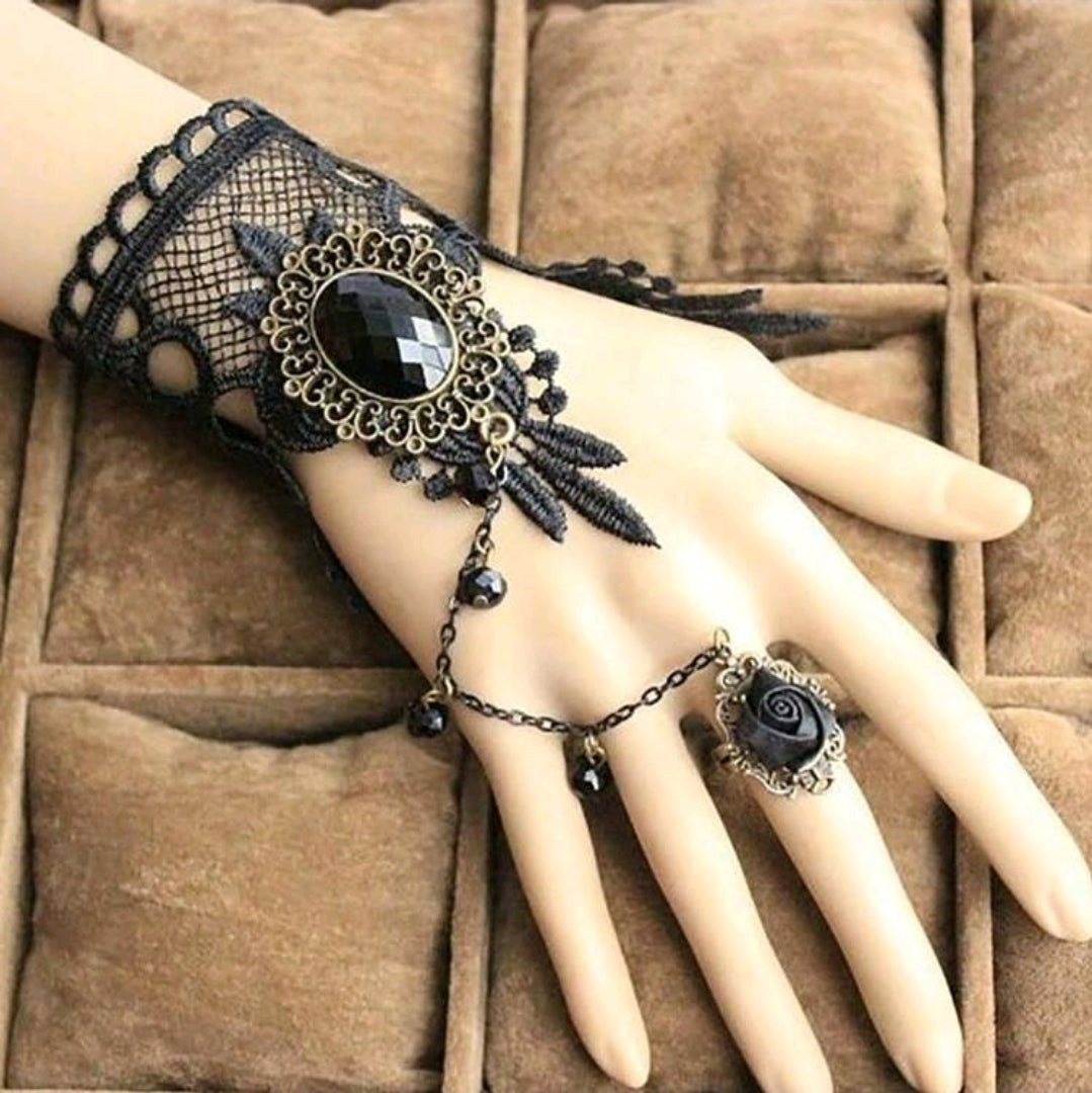 Black Lace Choker Set with Lace Slave Bracelet and Earrings