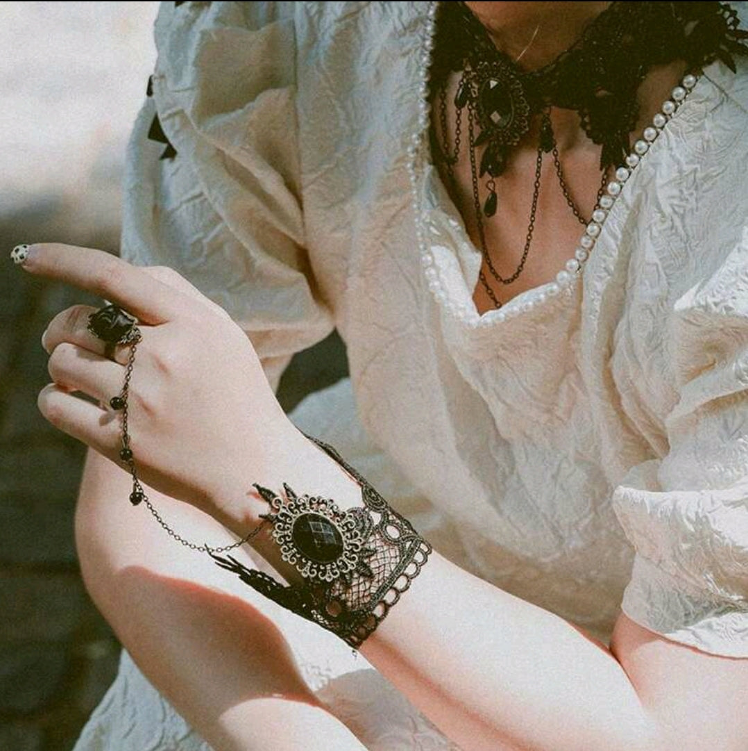 Black Lace Choker Set with Lace Slave Bracelet and Earrings