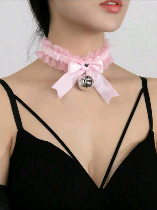 Pink Bow Choker with Bell