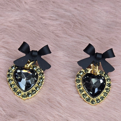 Black Clay Bow Earrings with Heart pendant