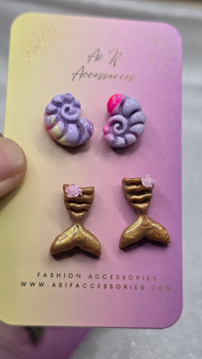 Mermaid and Shell Studs 2 pairs