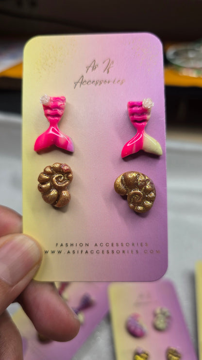 Mermaid and Shell Studs 2 pairs